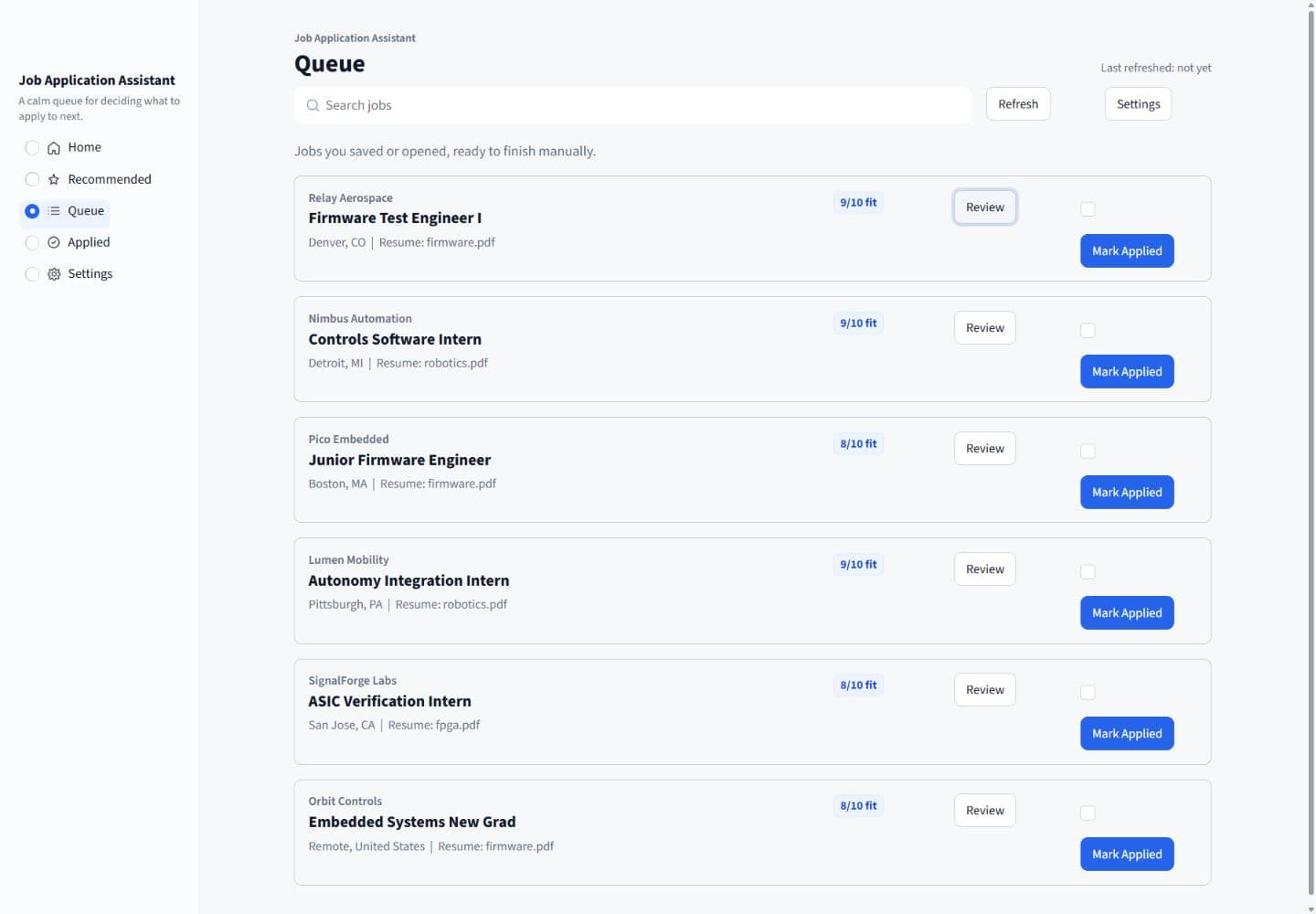 Streamlit dashboard for the local-first job application assistant