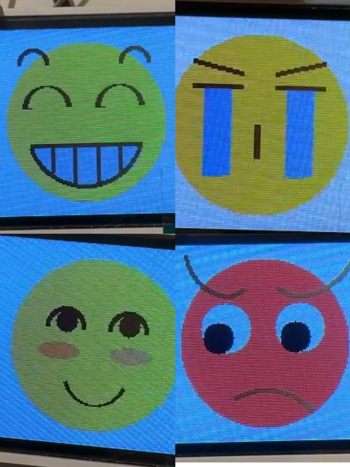 Four LCD emotion states: joy, smile, angry, and cry