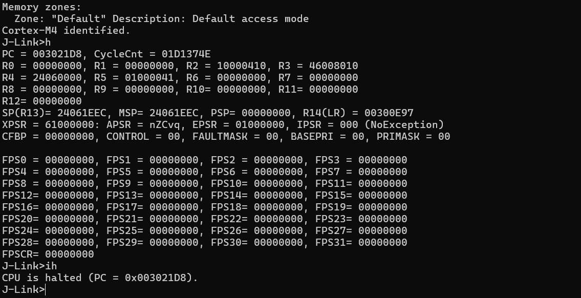 J-Link terminal confirming that the SiWG917 Cortex-M4 CPU is halted